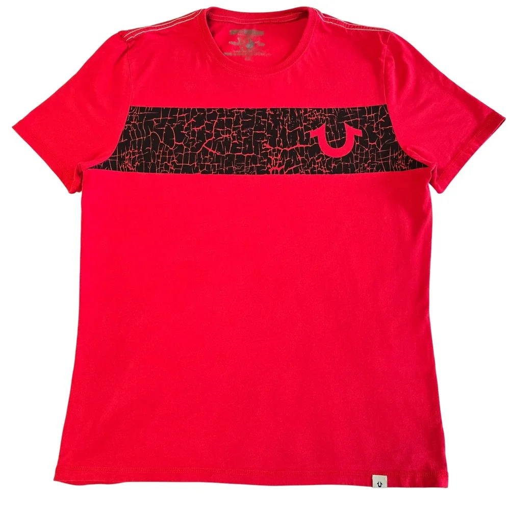 True Religion Mens Red Crackle Print Horseshoe Logo Graphic‎ T-Shirt XXL Y2K 90s